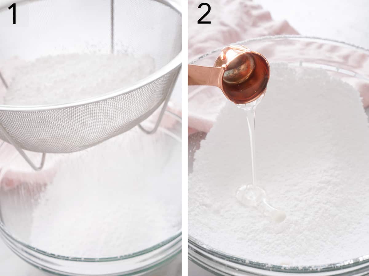 Powdered sugar getting sifted into a glass bowl then drizzled with corn syrup.