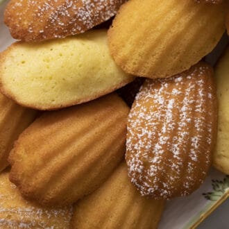 Pinterest graphic of many madeleines on a serving tray.