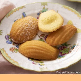 Pinterest graphic of four Madeleines on a plate next to a napkin.