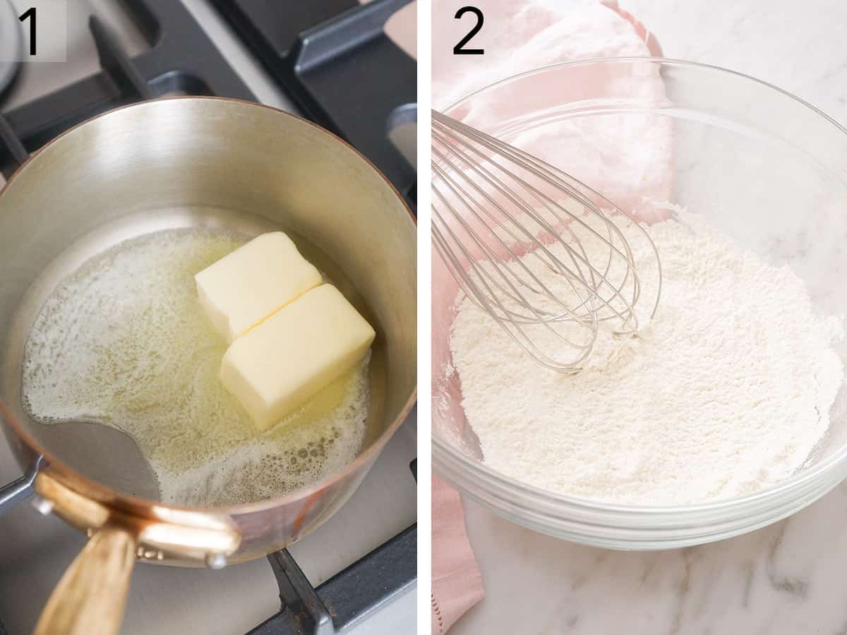 Set of two photos showing butter getting melted in a copper pot and flour getting whisked in a glass bowl.