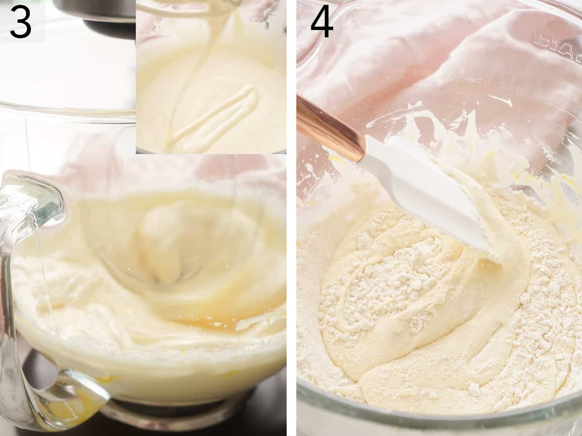 Set of two photos showing eggs and sugar getting beaten then folded with dry ingredients.