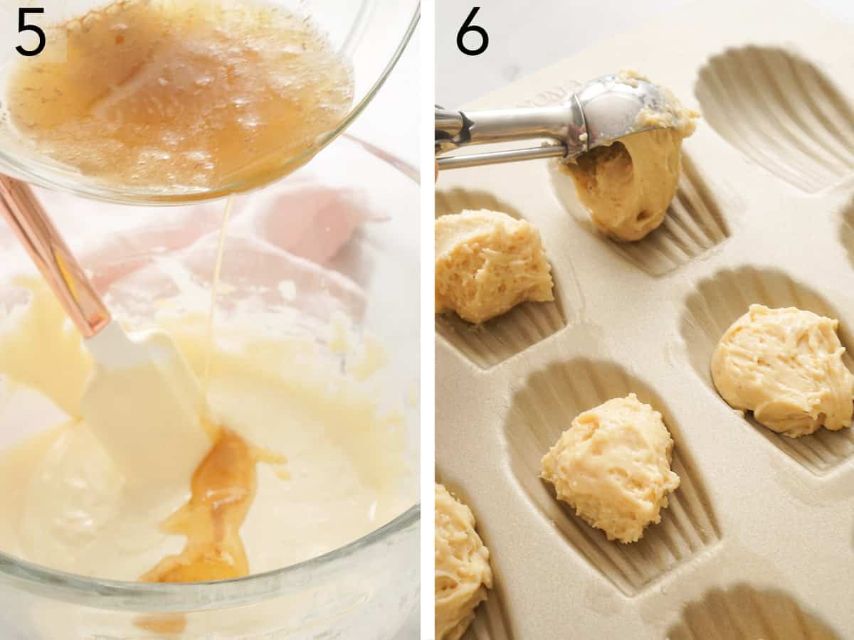 Set of two photos showing chilled Madeleine batter getting transferred into a baking pan.