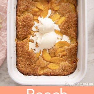 Pinterest graphic of two scoops of vanilla ice cream in peach cobbler.