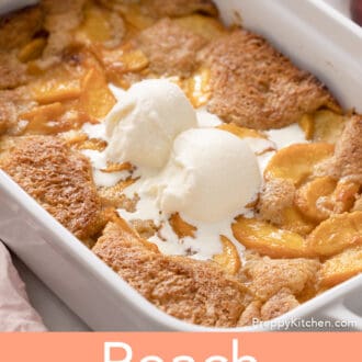 Pinterest graphic of a baking dish filled with peach cobbler.