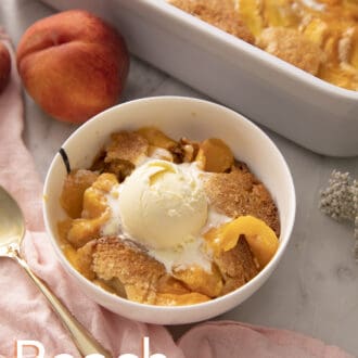 Pinterest graphic of a white bowl of peach cobbler with ice cream on top.