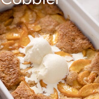 Pinterest graphic of two scoops of vanilla ice cream in peach cobbler.
