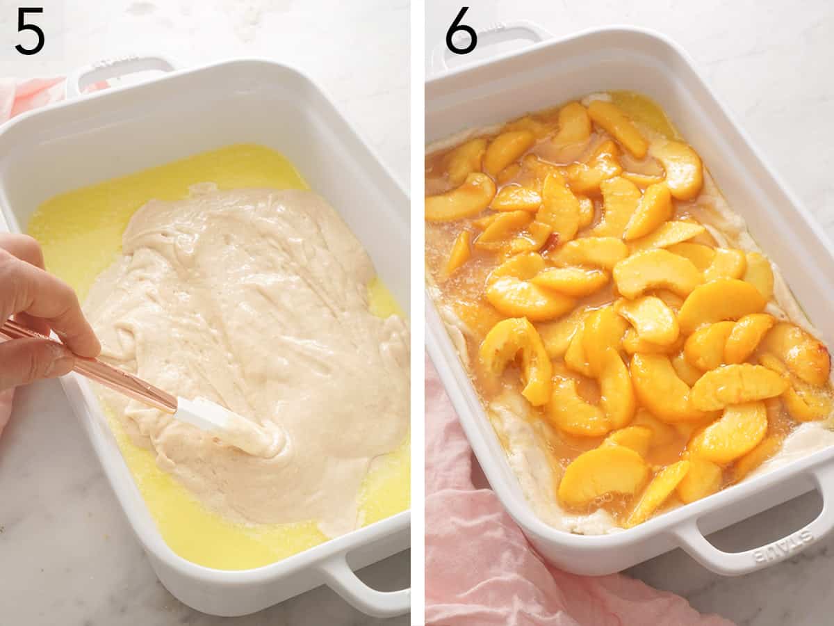 Peaches in a 9x13 baking dish ready to be baked into a cobbler.