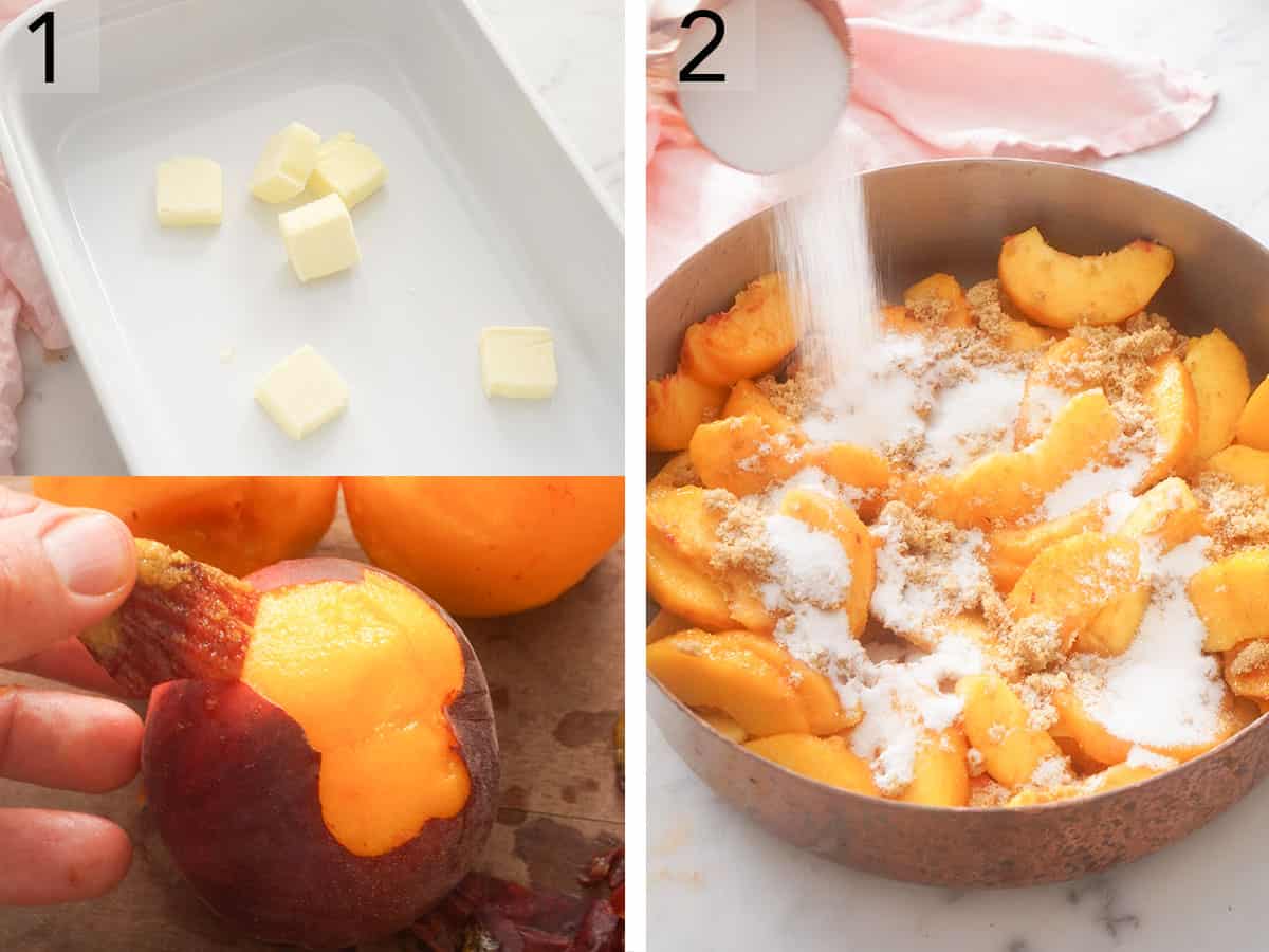 Peaches getting peeled and mixed with sugar in a skillet.