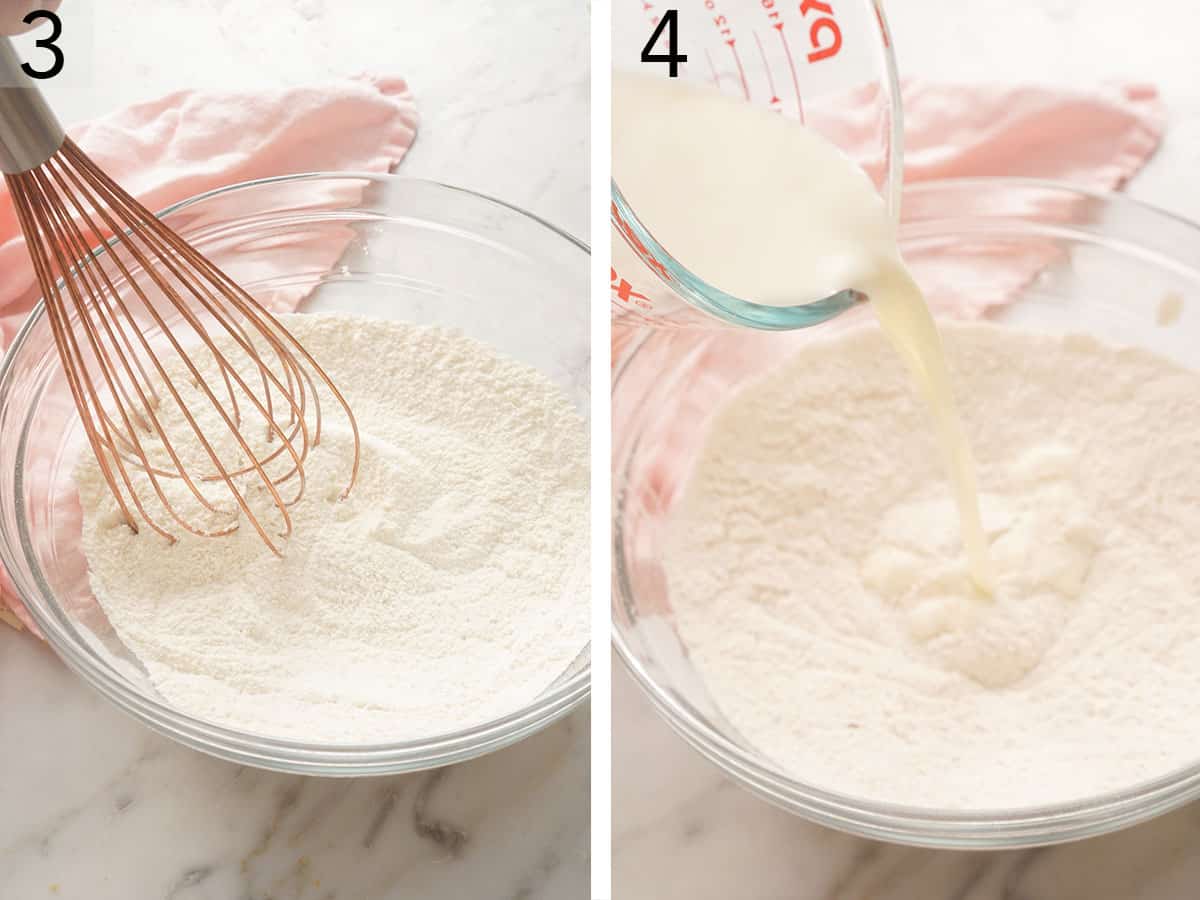 Battter for Peach Cobbler getting whisked in a glass bowl.