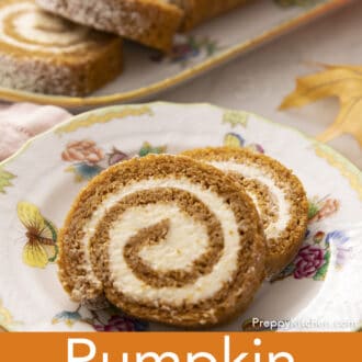Pinterest graphic of pumpkin roll cake with cream cheese frosting on a plate.