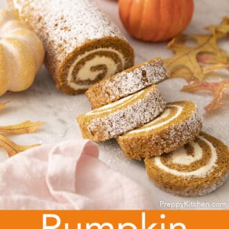 Pinterest graphic of a pumpkin roll cake dusted with powdered sugar.
