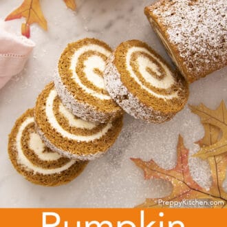 Pinterest graphic of four pieces of pumpkin roll cake.