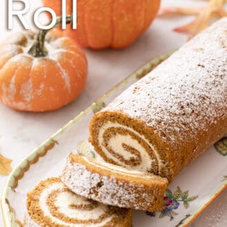 Pinterest graphic of pumpkin roll cake next to two pumpkins.