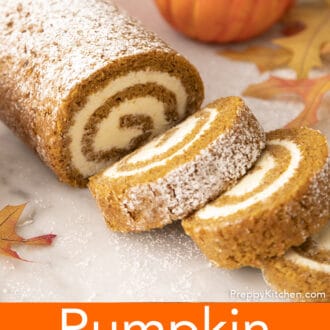 Pinterest graphic of a pumpkin roll dusted with powdered sugar.