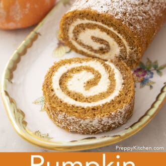 Pinterest graphic of a pumpkin roll with a piece cut away.