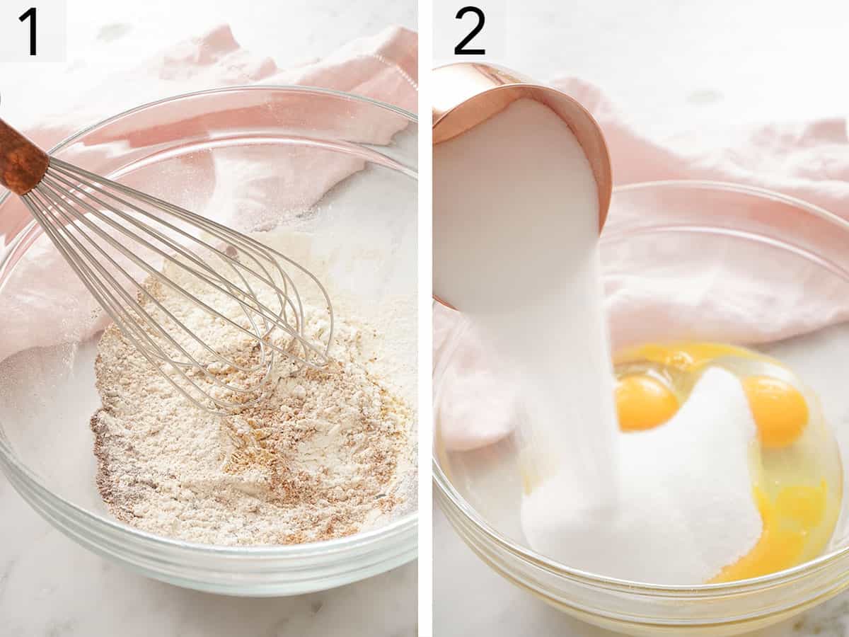 Set of two photos showing flour and spices getting whisked in a bowl and sugar added to a bowl of eggs.