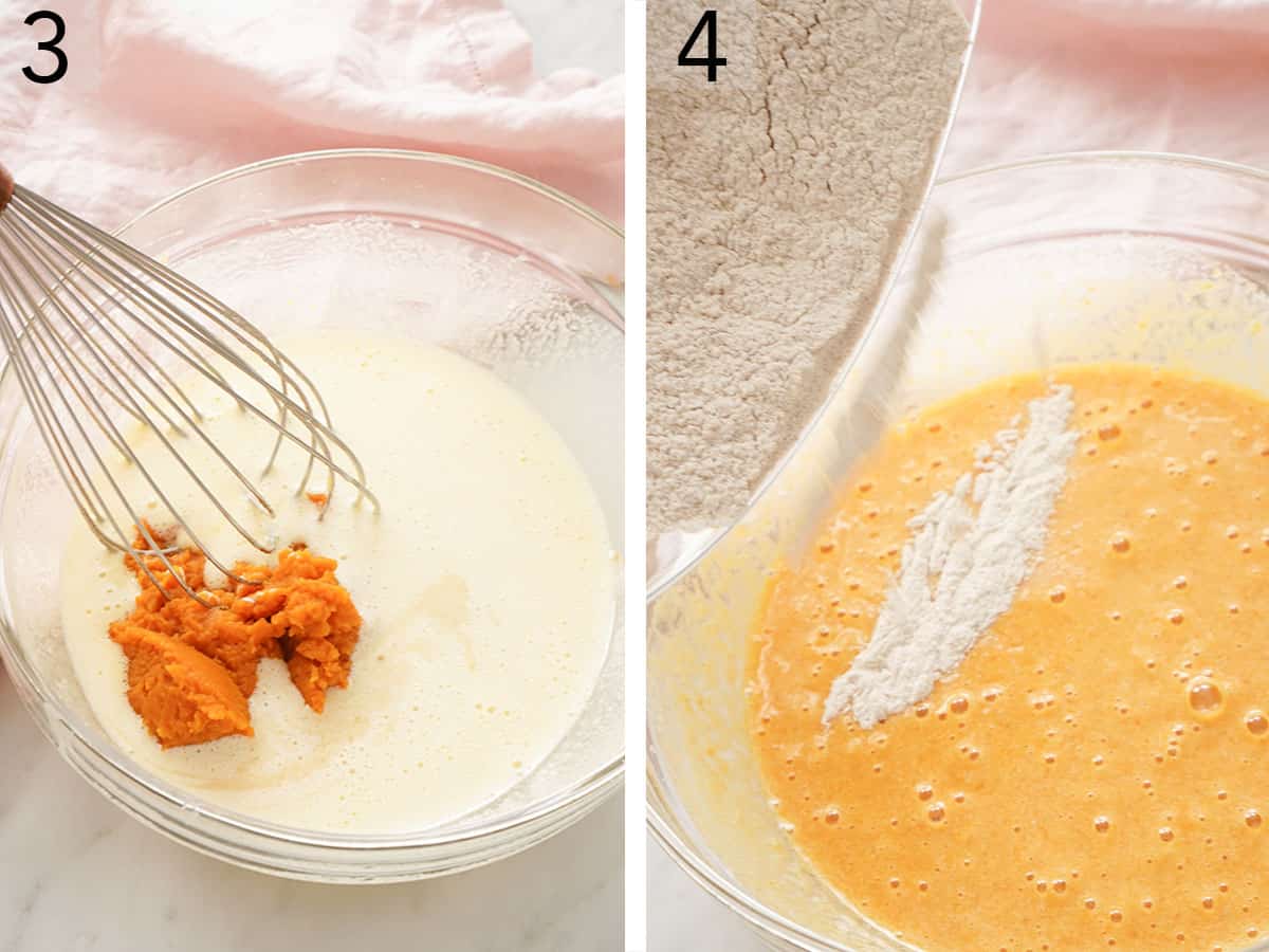 Set of two photos showing batter puree added to the wet ingredients and dry ingredients poured in.