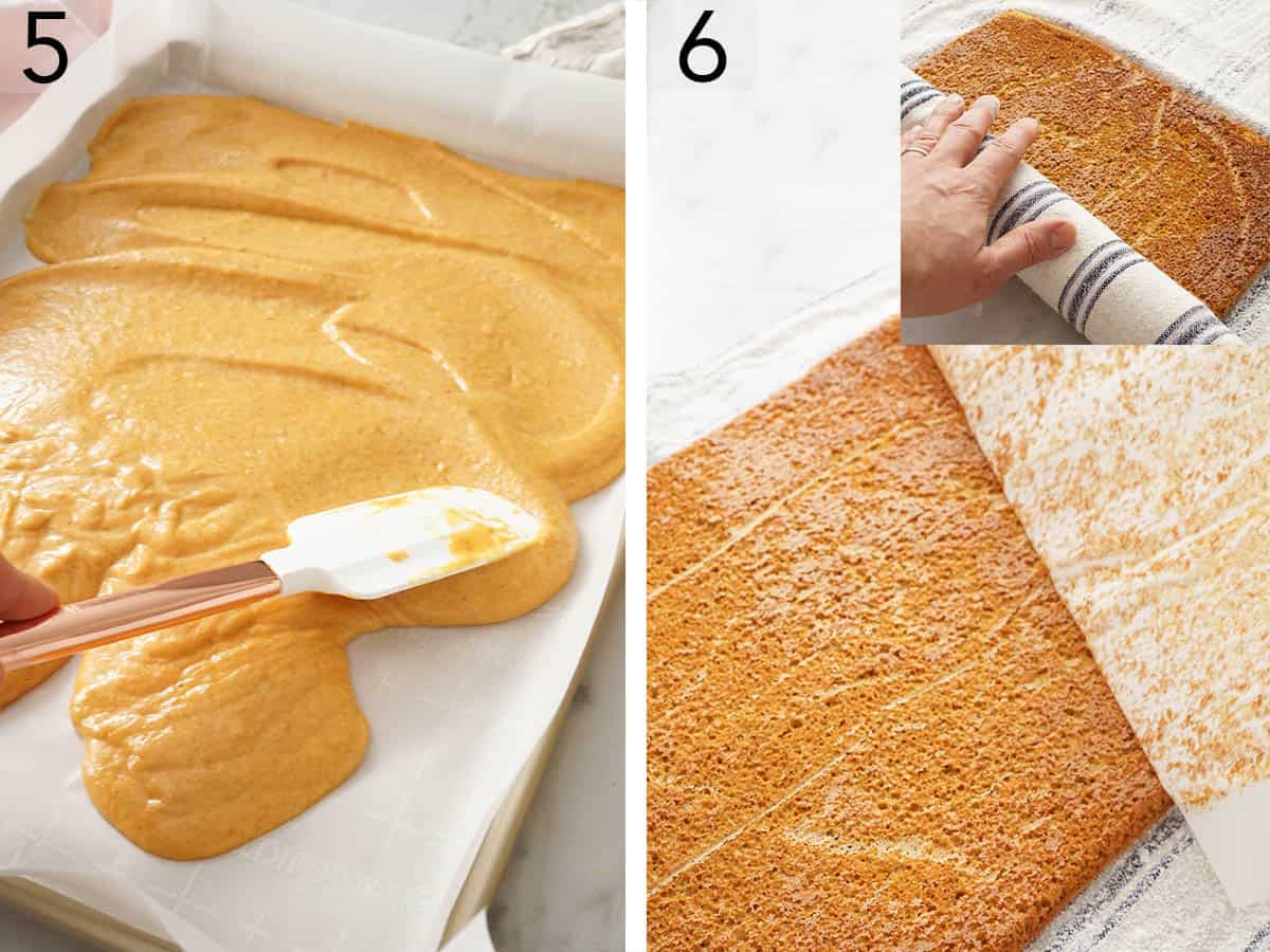 Set of three photos showing batter spread in a sheet pan and baked before rolling. 