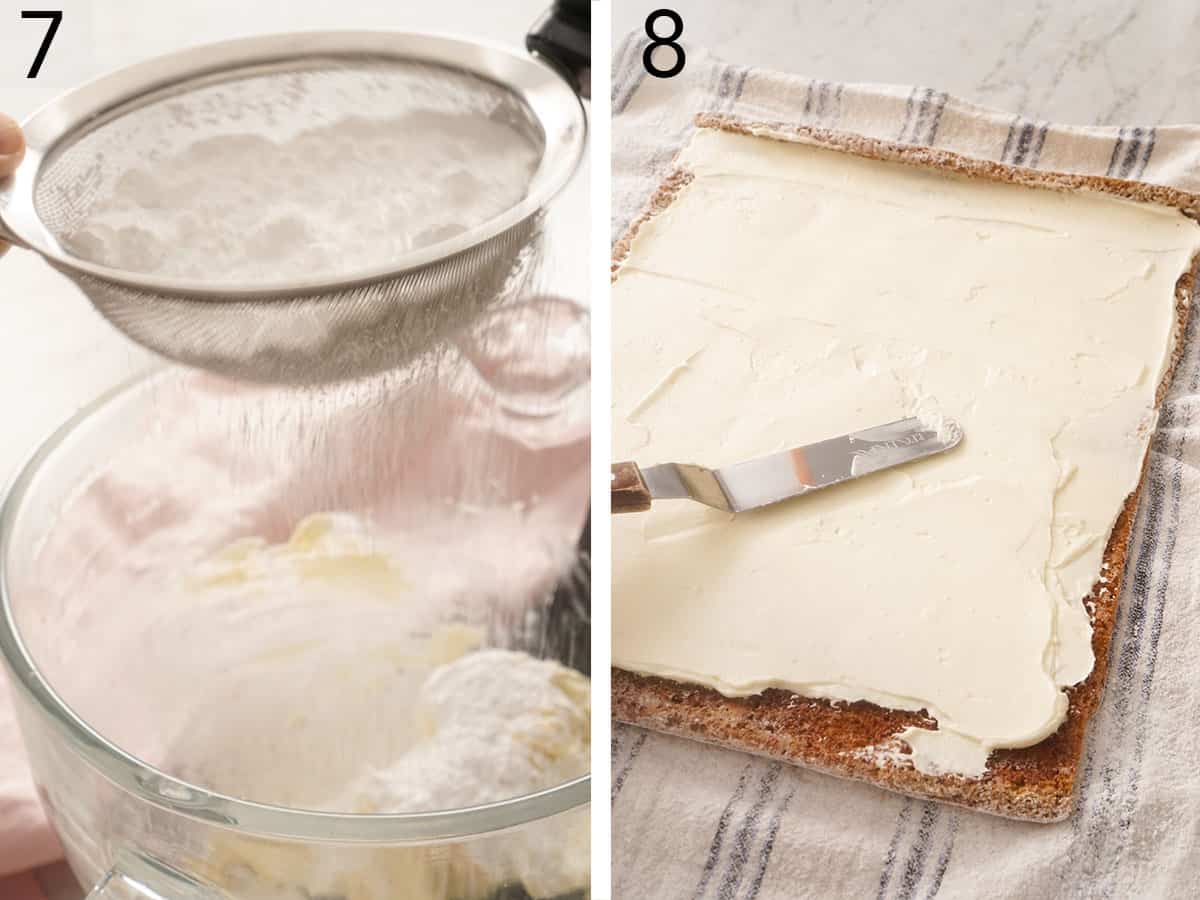 Set of two photos showing sugar sifted into a mixer and cream cheese frosting being smoothed onto a pumpkin cake with an offset spatula.