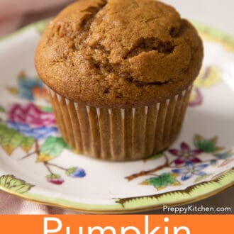 Pinterest graphic of a fluffy pumpkin muffin on a porcelain plate.