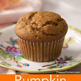 Pinterest graphic of a pumpkin muffin on a porcelain plate.