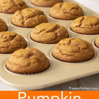 Pinterest graphic of multiple pumpkin muffins in the baking tin.