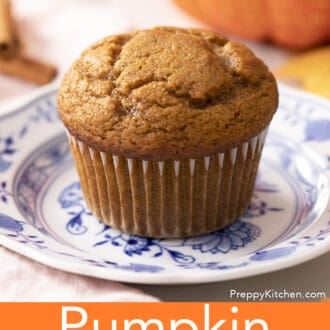 Pinterest graphic of a pumpkin muffin on a small blue and white plate.