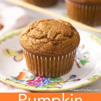 Pinterest graphic of a delicious pumpkin muffin on a plate.