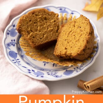 Pinterest graphic of a pumpkin muffin cut in half on a plate next to some cinnamon..