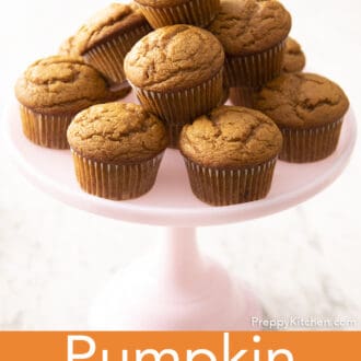 Pinterest graphic of a pink cake stand filled with pumpkin muffins.