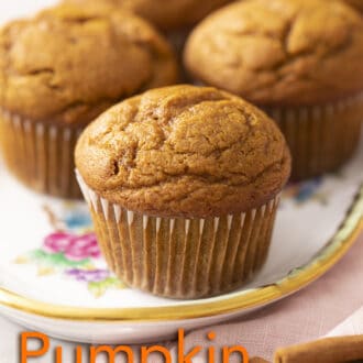 Pinterest graphic of a group of pumpkin muffins on a tray.