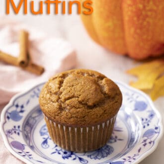 Pinterest graphic of a pumpkin muffin next to a pumpkin.