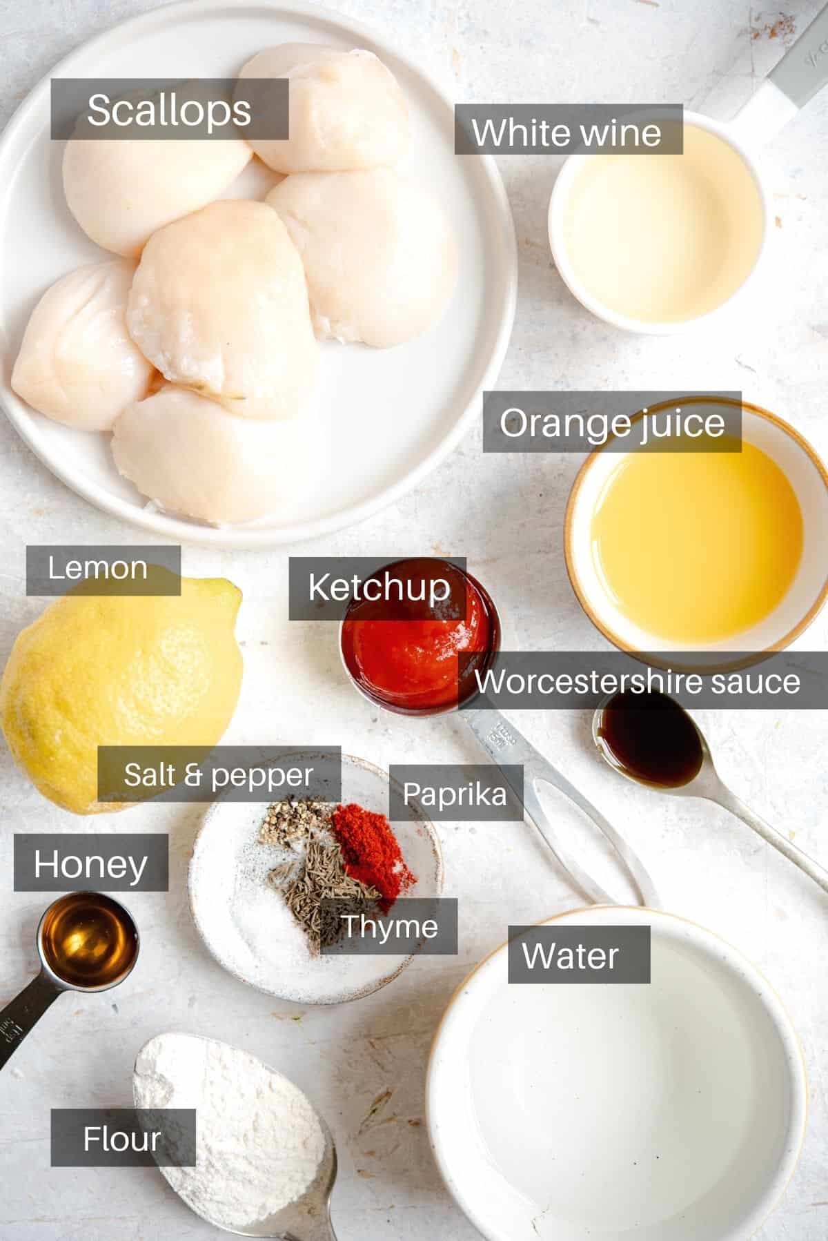 An overhead shot of all the ingredients you need to make sauteed scallops and sauce