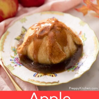Pinterest graphic of an apple dumpling next to two apples.