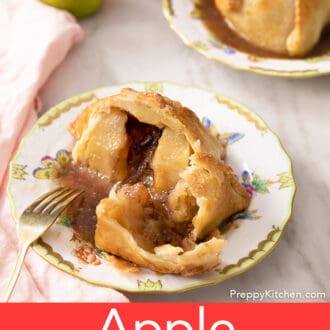 Pinterest graphic of an apple dumpling that has been cut into.