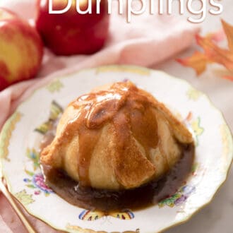Pinterest graphic of an apple dumpling covered in syrup on a plate.