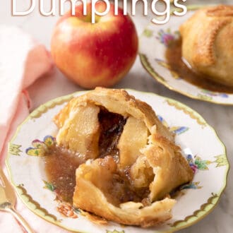 Pinterest graphic of an apple dumpling that has been cut in half on a plate.
