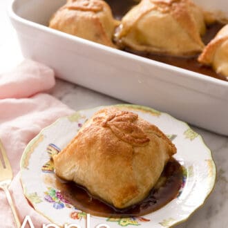 Pinterest graphic of an apple dumpling on a plate with more in the background.