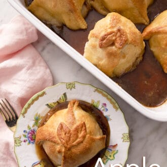 Pinterest graphic of an overhead view of apple dumplings on a plate and baking dish.