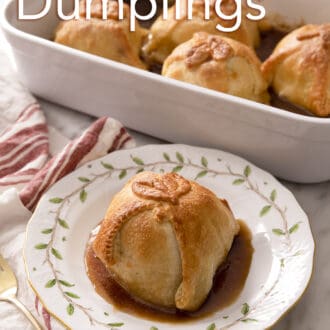 Pinterest graphic of an apple dumplings a plate with a baking dish with more on a table.