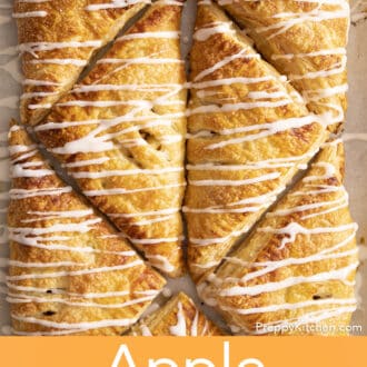 Pinterest graphic of triangle-shaped apple turnovers with glaze drizzled over top.