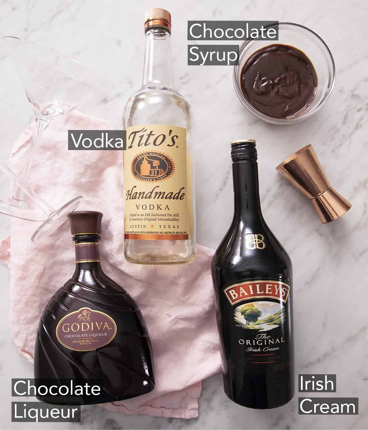 Ingredients for a chocolate martini.