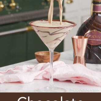 Pinterest graphic of a chocolate martini strained from a cocktail shaker into a glass.