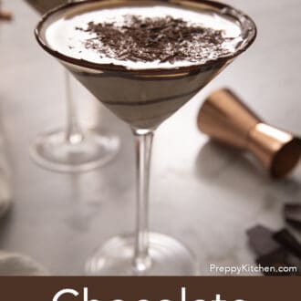 Pinterest graphic of a chocolate martini next to a copper jigger.