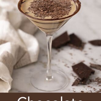 Pinterest graphic of a chocolate martini garnished with shaved chocolate.