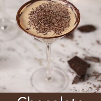 Pinterest graphic of a chocolate martini on a counter.