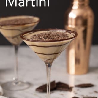 Pinterest graphic of two chocolate martinis in front of a copper shaker.