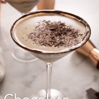 Pinterest graphic of a chocolate martini in a glass.
