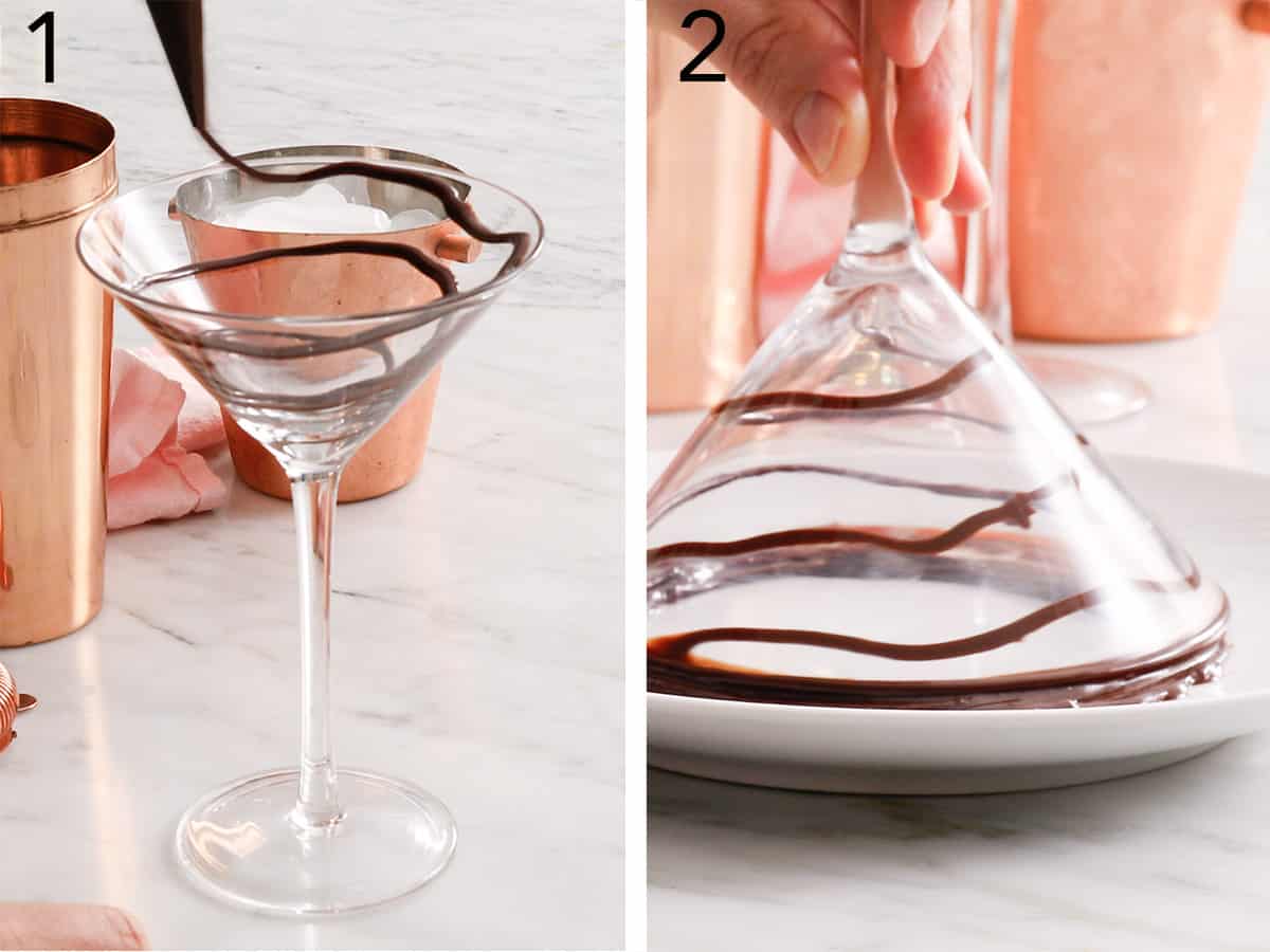 Set of two photos showing chocolate drizzled into a martini glass, and the glass dipped into chocolate syrup for a rim.