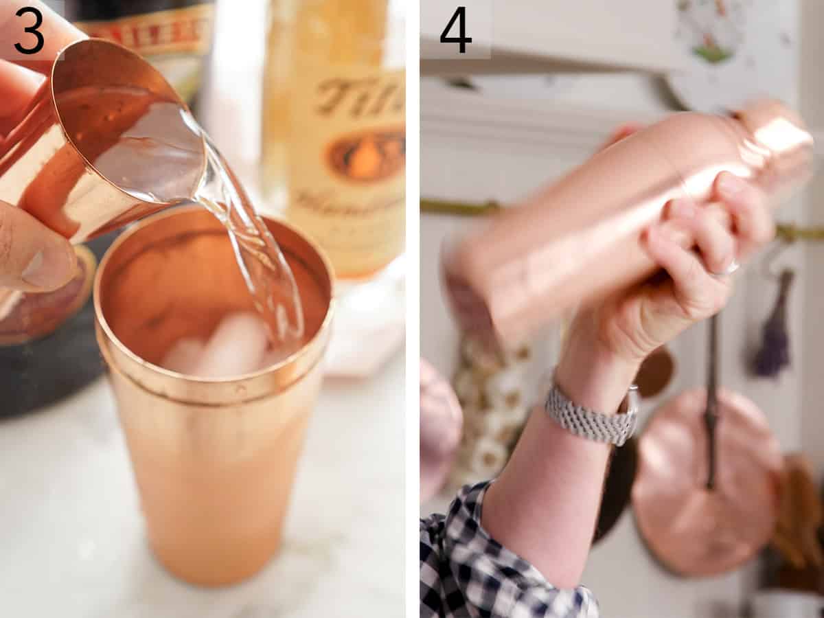 Set of two photos showing vodka pouring into a copper cocktail shaker, and the alcohols shaken up.